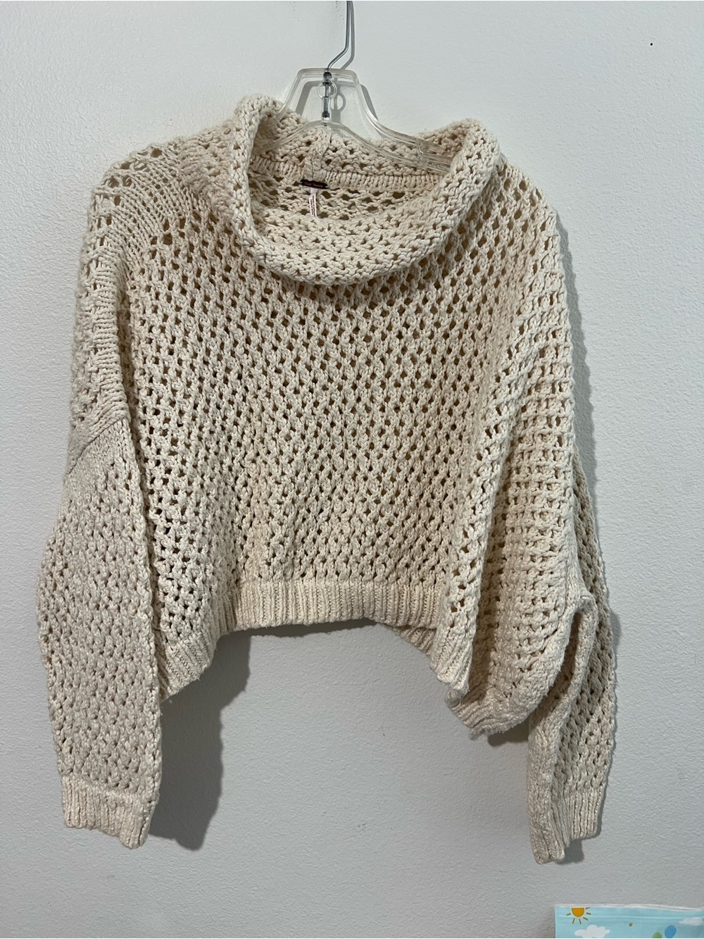 Free People Cropped Cream Open-Knit Cowl Neck Sweater